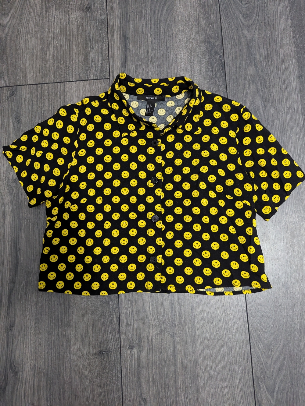 Forever 21 Black Crop Button-Down Shirt with Yellow Smiley Print